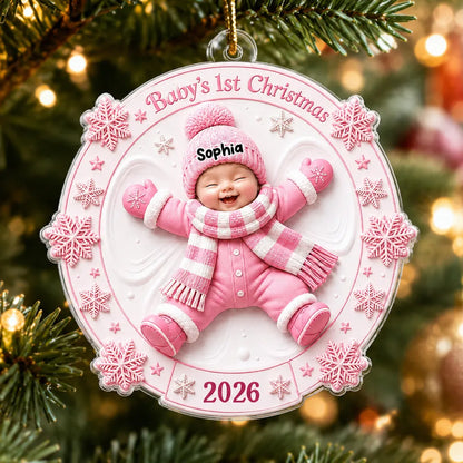 Personalized Acrylic Ornament, Smiling Baby Snow Angel in Pink, Unique Christmas Gift for New Parents