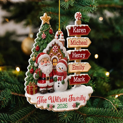 Personalized Acrylic Ornament, Santa and Snowman by a Snowy Gingerbread House, Unique Family Gift