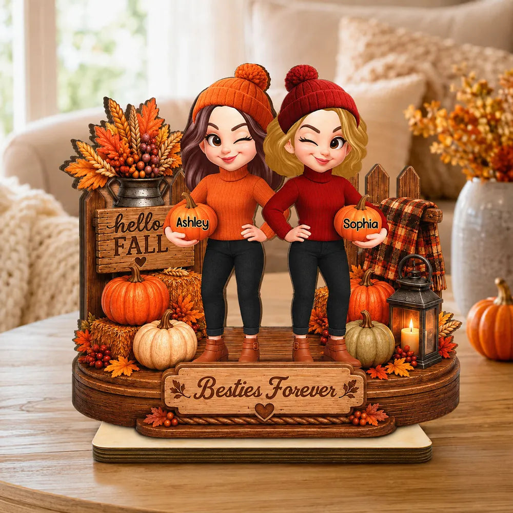 Personalized Wooden Plaque, Winking Besties Holding Pumpkins in a Cozy Fall Scene, Unique Gift for a Close Friend