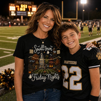 Personalized Classic Tee, Spooky Friday Night Hometown Artwork, Creative Gift for Local Sports Fans