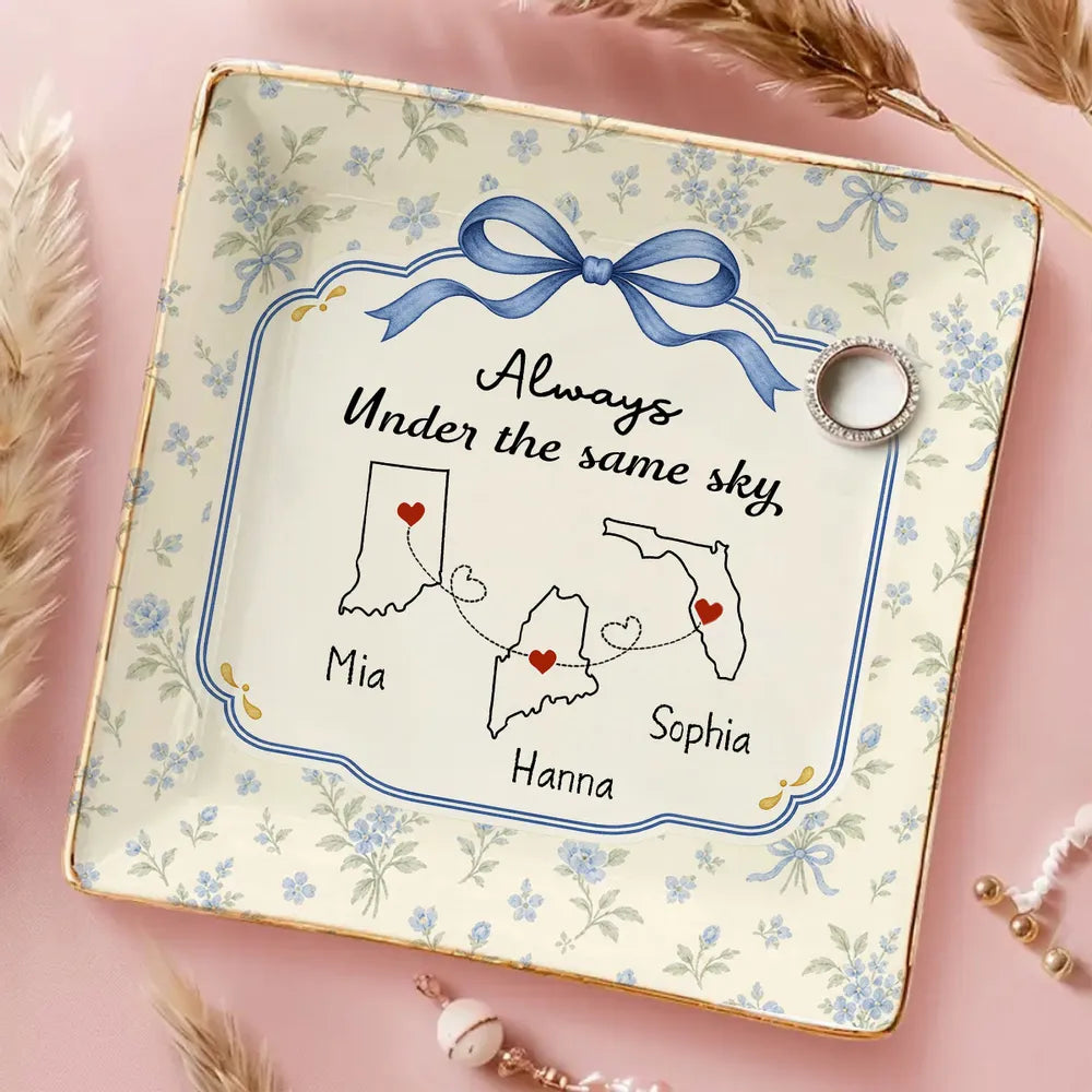 Personalized Always Under the Same Sky Jewelry Dish, Pastel Bow and Linked Hearts, Creative Gift for a Sister