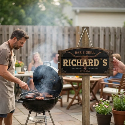 Personalized Rustic Longhorn Wooden Sign, Bar & Grill Decor, Unique Gift for Home Cooks