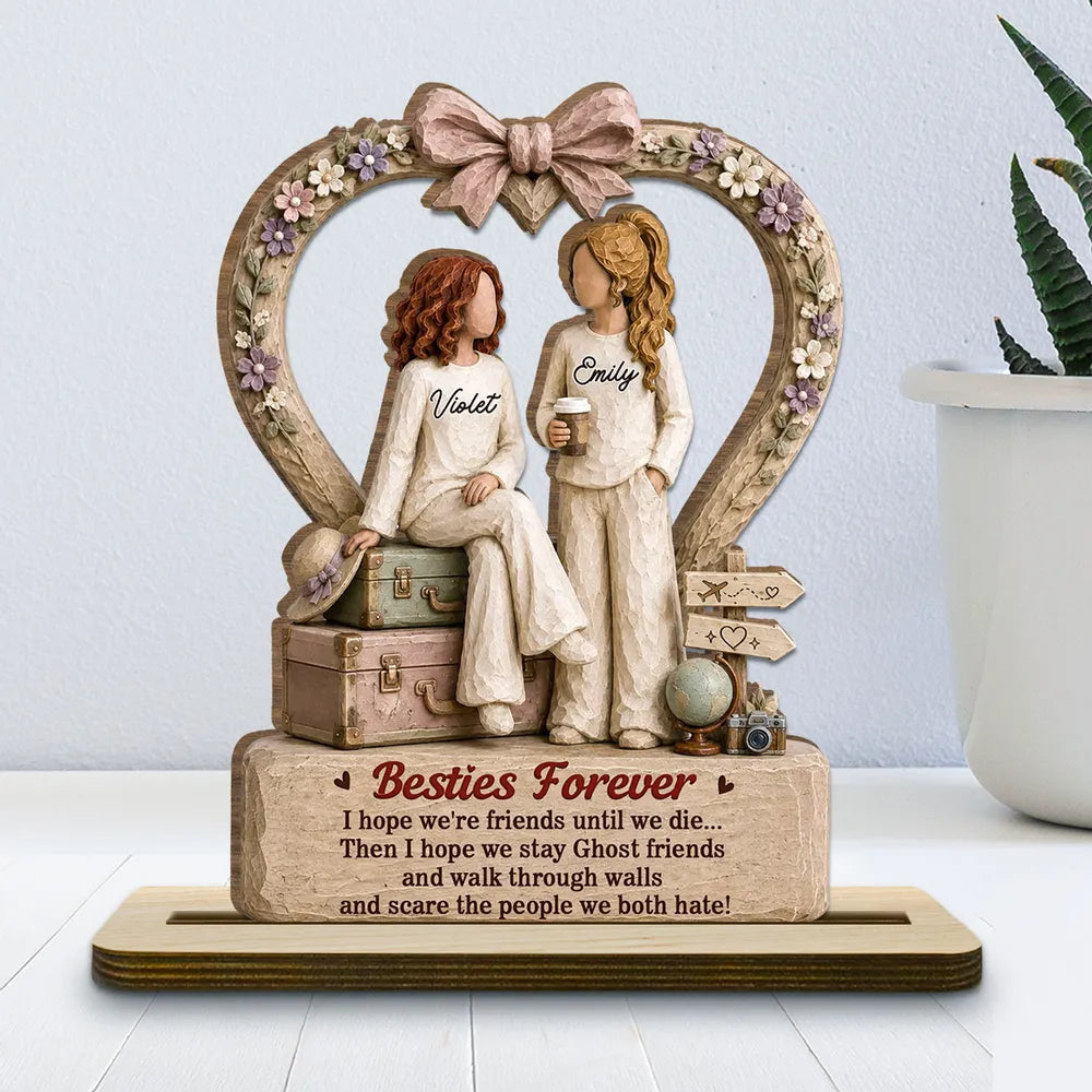 Besties Forever 2-Layer Wooden Plaque, Personalized Floral Heart with Friends Sitting Together, Creative Gift for Best Friend