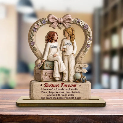 Besties Forever 2-Layer Wooden Plaque, Personalized Floral Heart with Friends Sitting Together, Creative Gift for Best Friend