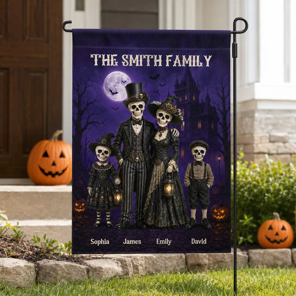 Personalized Garden Flag, Standing Gothic Skeleton Family at a Moonlit Haunted House, Unique Halloween Gift for Families