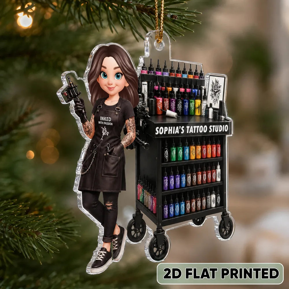 Personalized Acrylic Ornament, Tattoo Artist Holding Machine by Ink Cart on Christmas Tree, Unique Gift for Her