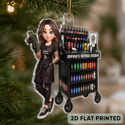 Personalized Acrylic Ornament, Tattoo Artist Holding Machine by Ink Cart on Christmas Tree, Unique Gift for Her