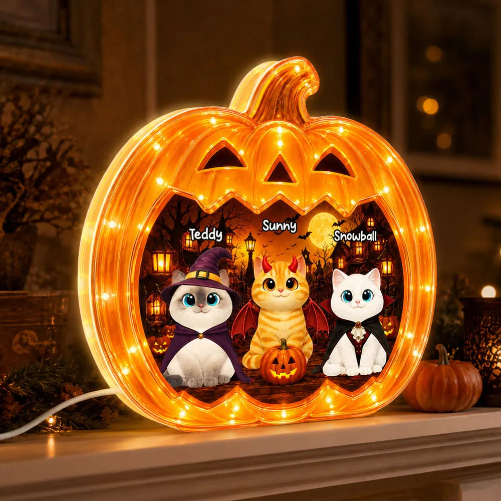 Personalized Acrylic Light Box, Spooky Pumpkin Cats with Warm Glow, Creative Gift for Cat Lovers