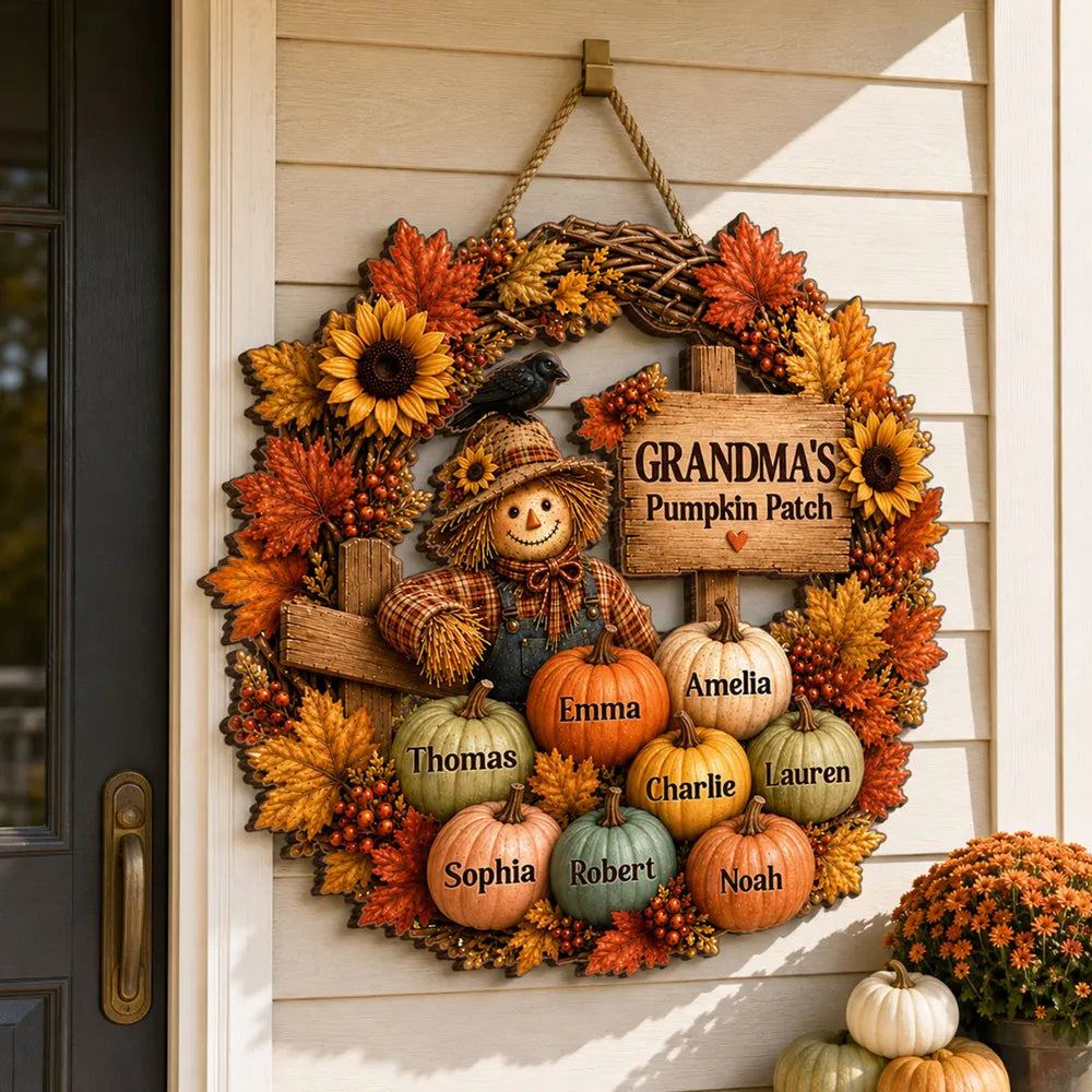 Personalized Wooden Sign with Scarecrow Pumpkin Patch, Autumn Door Decor, Unique Gift for Grandma