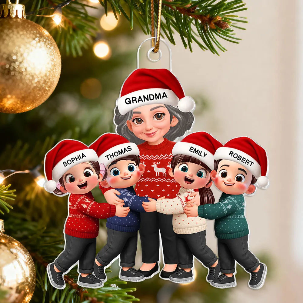 Personalized Acrylic Ornament, Cartoon Grandma Hugging Grandkids, Red Christmas Decor, Unique Gift for Grandma
