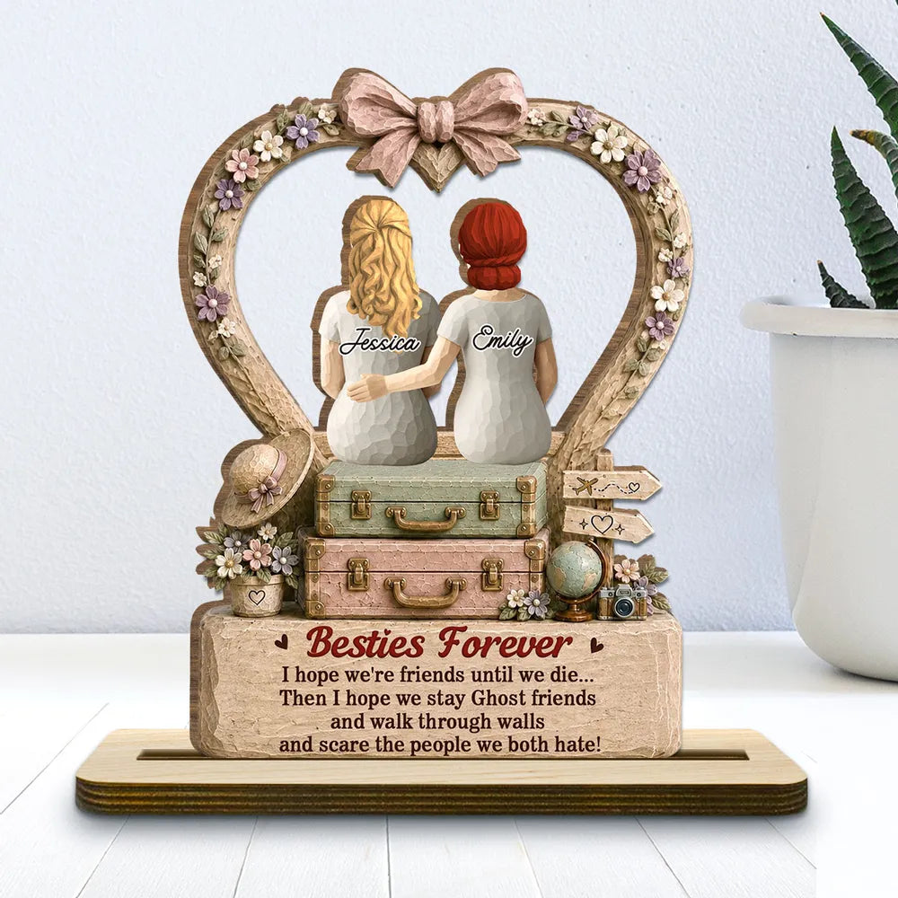 Personalized 2-Layer Wooden Plaque, Besties Forever Seated Arm in Arm, Vintage Floral Unique Gift for Best Friend