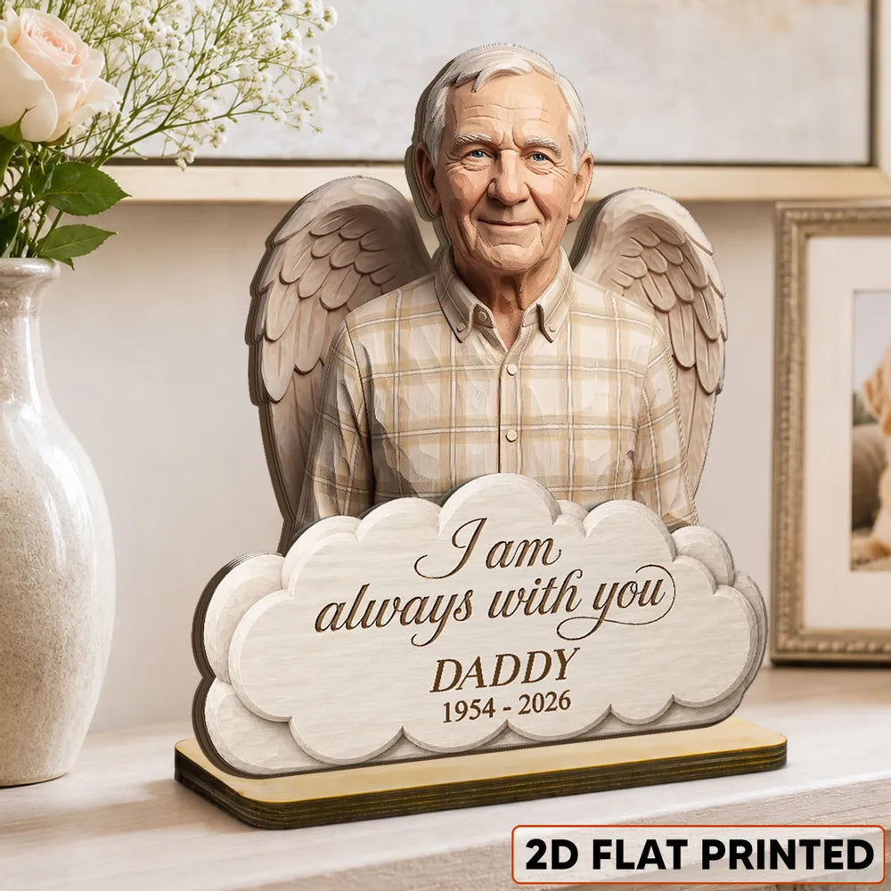 Personalized Wooden Plaque with Custom Memorial Portrait and Angel Wings, Unique Sympathy Gift for Family
