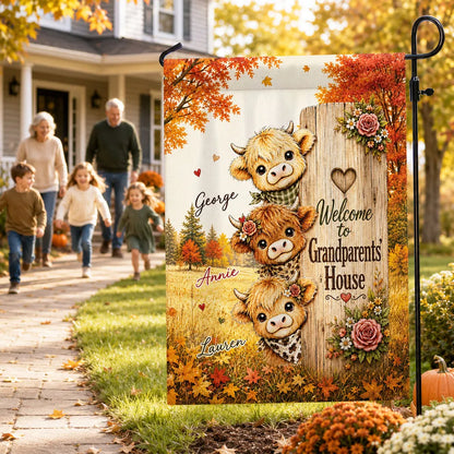 Personalized Highland Cow Garden Flag, Cows Peeking by a Rustic Sign, Unique Autumn Gift for Grandparents