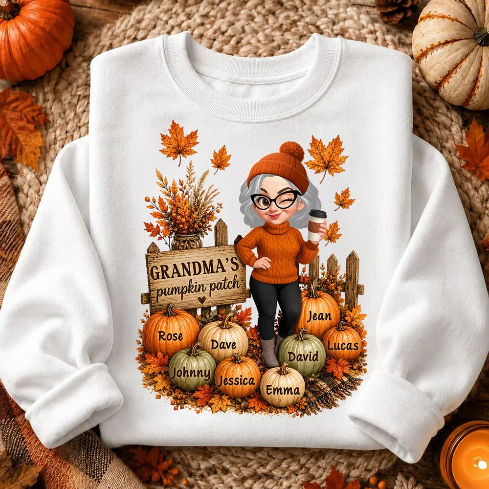 Personalized Classic Tee, Coffee-Holding Grandma in a Warm Orange Pumpkin Patch, Unique Fall Gift for Grandma