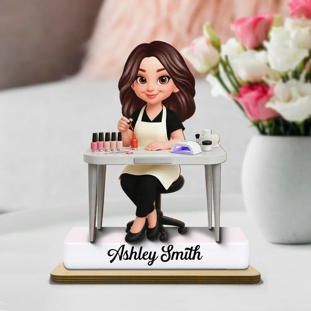 Personalized 2-Layer Wooden Plaque Nail Technician Desk Scene Cute Cartoon Style Unique Gift For Salon Workspaces
