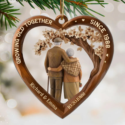 Personalized Heart Acrylic Ornament with Couple Hugging Under Blossoms, Unique Anniversary Gift for Husband or Wife