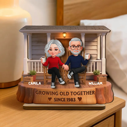 Personalized 2-Layer Wooden Plaque, Couple Holding Hands on a Cozy Front Porch, Growing Old Together, Unique Gift for Him & Her