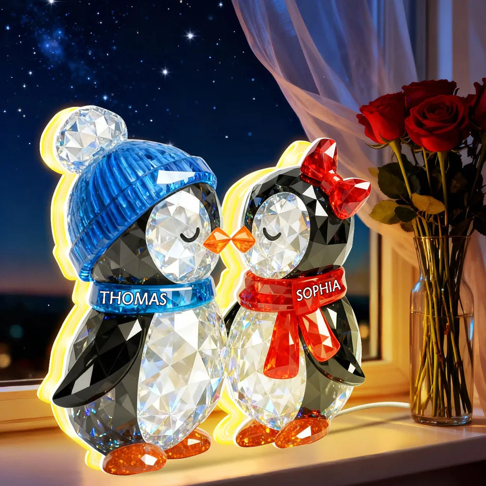 Custom Penguin Couple Acrylic Light Box with Names, Romantic LED Night Light Gift for Couples