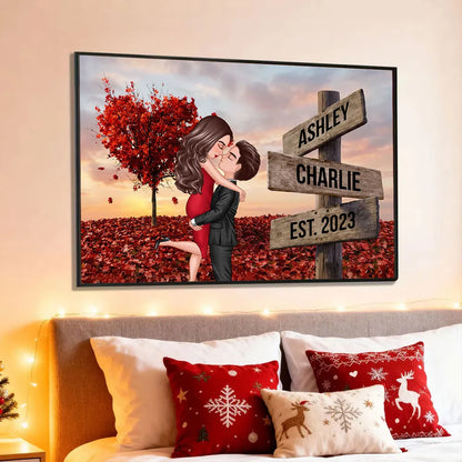 Personalized Couple Kissing Poster, Sunset Autumn Scene Wall Art, Unique Gift for Him or Her