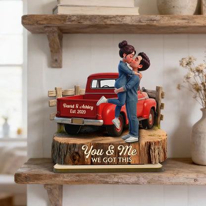 Personalized 2-Layer Wooden Plaque with Kissing Couple in Red Pickup Truck, Farmhouse Decor, Unique Gift for Couples