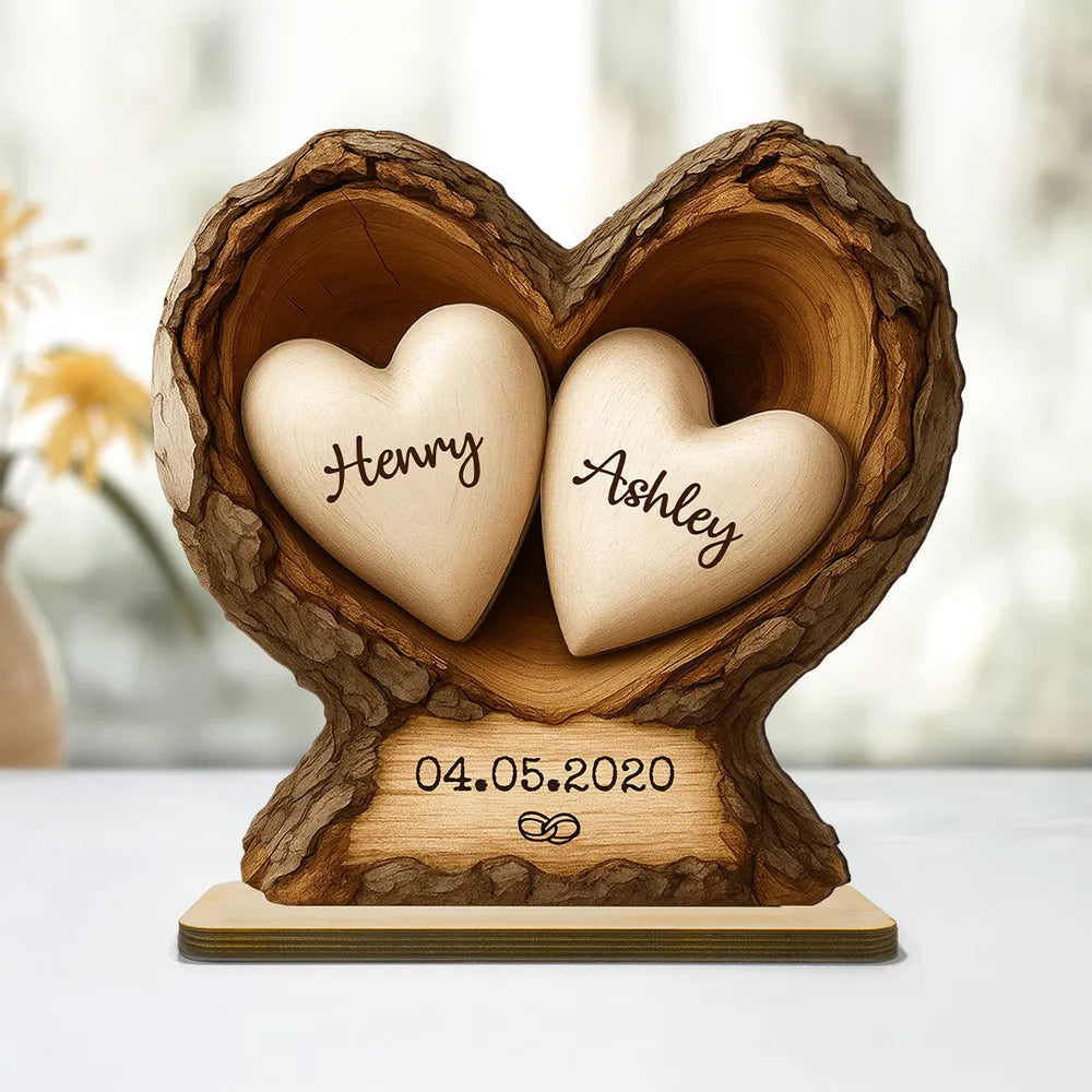 Personalized 2-Layer Wooden Plaque Tree Heart Keepsake for Couples, Rustic Romantic Display, Unique Gift for Wife or Husband