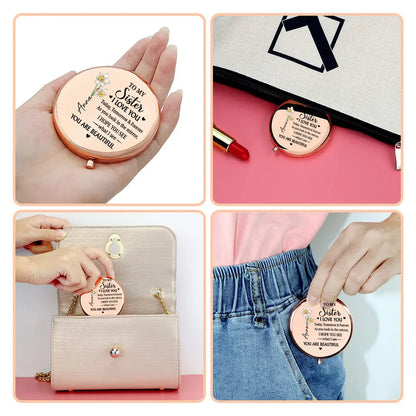 Personalized Metal Compact Mirror Sister Quote with Purple Flowers, Unique Everyday Purse Gift That Feels Heartwarming
