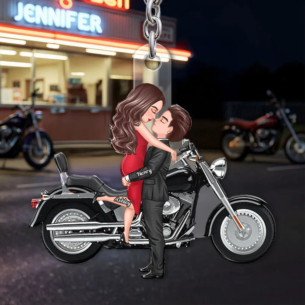 Personalized Couple Kissing Motorcycle Acrylic Keychain, Cute Biker Accessory, Unique Gift for Him or Her