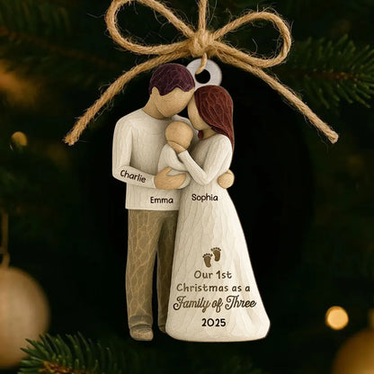 Custom Family of Three Wooden Ornament – New Baby Christmas Keepsake for Proud Parents, Unique Holiday Gift