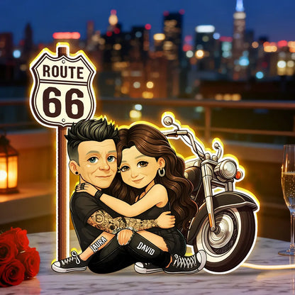 Personalized Route 66 Biker Couple Acrylic Light Box for Bedroom or Shelf Decor, Warm Glow Unique Gift for Him or Her