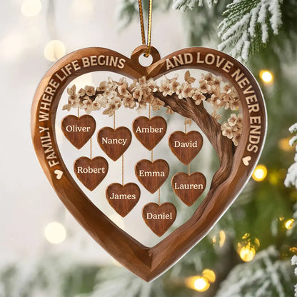 Acrylic Ornament Family Where Life Begins and Love Never Ends Heart Tree Decor, Meaningful Personalized Gift