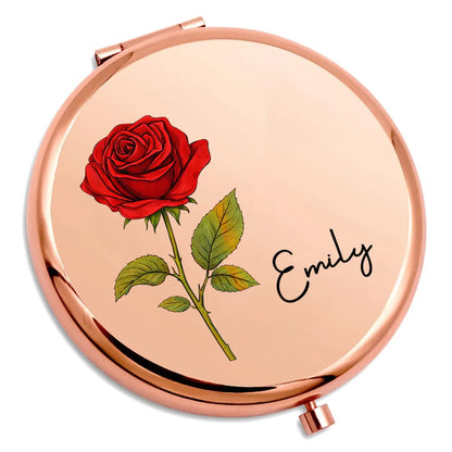 Personalized Metal Compact Mirror with Red Rose Art, Unique Creative Gift for Mom, Sister or Friend