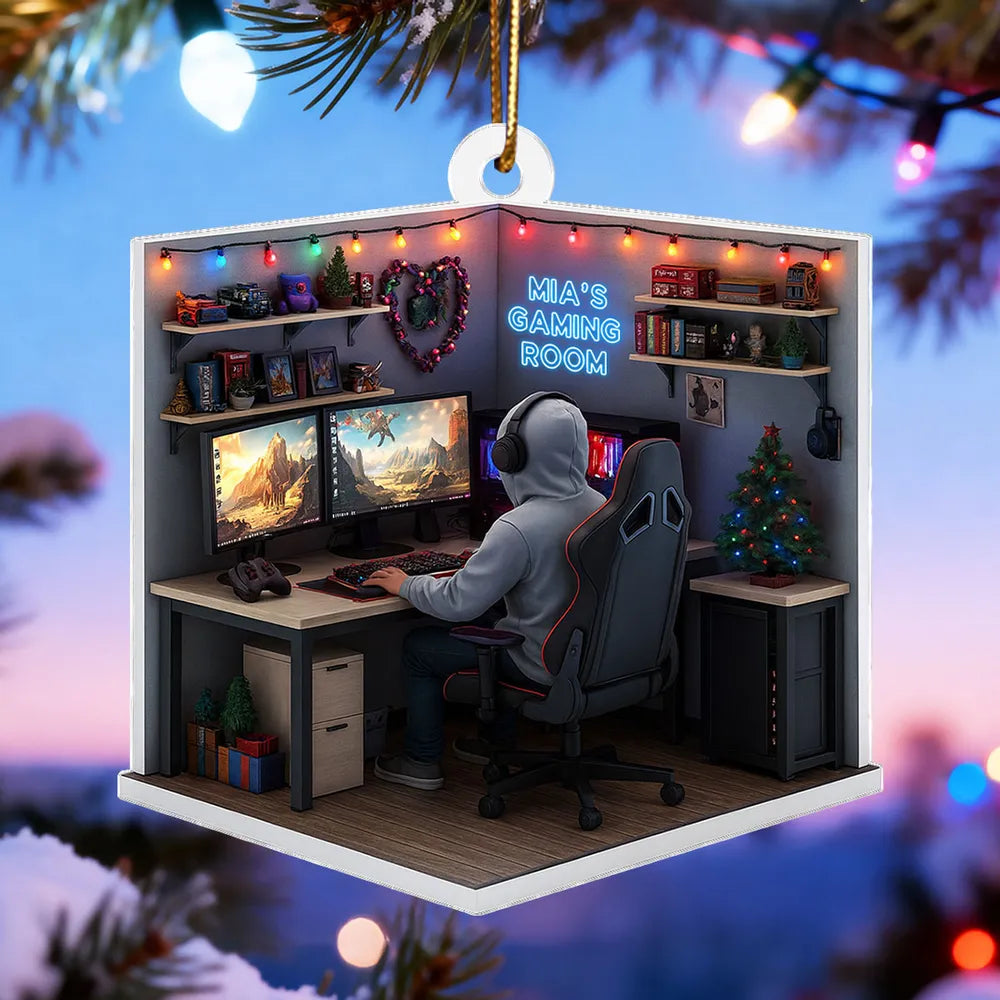 Personalized Acrylic Ornament, Gamer at Dual Monitors in a Festive Gaming Room, Unique Christmas Gift
