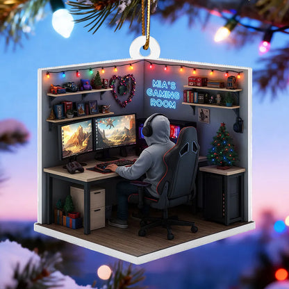 Personalized Acrylic Ornament, Gamer at Dual Monitors in a Festive Gaming Room, Unique Christmas Gift