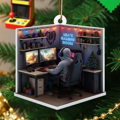 Personalized Acrylic Ornament, Gamer at Dual Monitors in a Festive Gaming Room, Unique Christmas Gift
