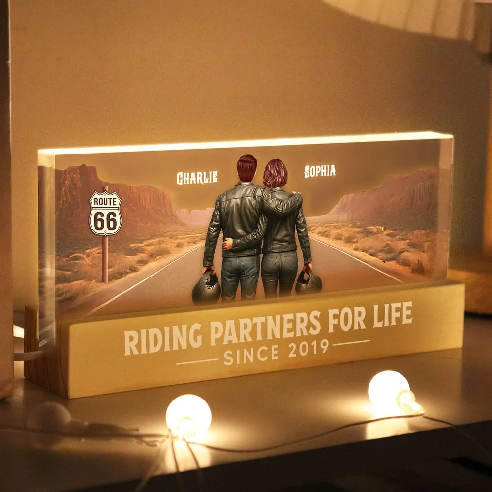Personalized Block LED Light Plaque with Biker Couple Back View on Route 66, Warm Glow Bedroom Decor, Unique Gift for Couple