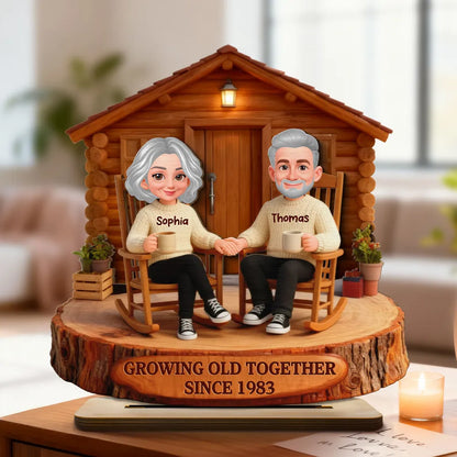 2-Layer Wooden Plaque Personalized Couple Cabin Scene Growing Old Together Style for Living Room Display Heartwarming Unique Gift