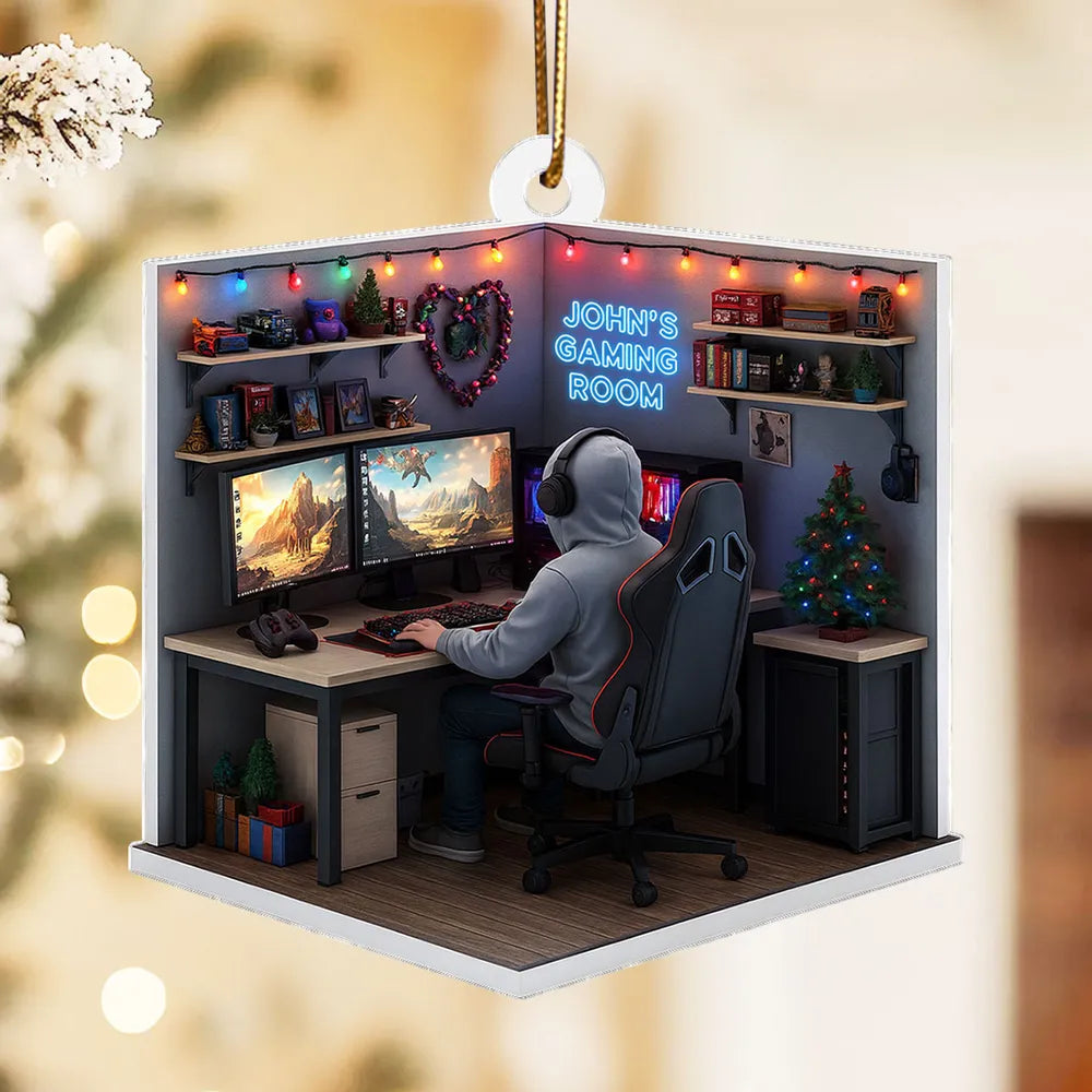 Personalized Acrylic Ornament, Gamer at Dual Monitors in a Festive Gaming Room, Unique Christmas Gift