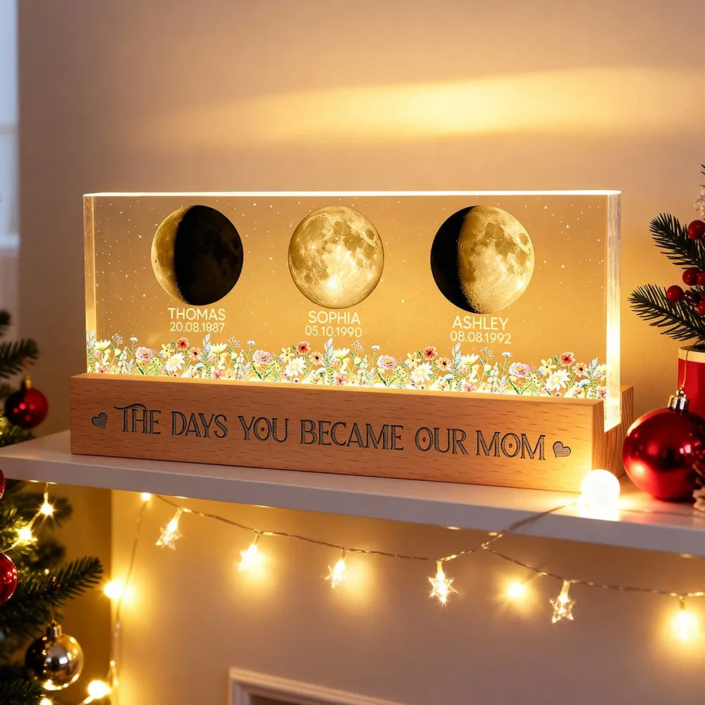 Personalized Block LED Light Plaque Moon Phases for Mom, The Days You Became Our Mom, Warm Night Light Gift