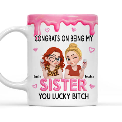 Personalized Sister Ceramic Mug with Funny Congrats Quote, Cute Cartoon Toast Design, Unique Gift for Your Sister