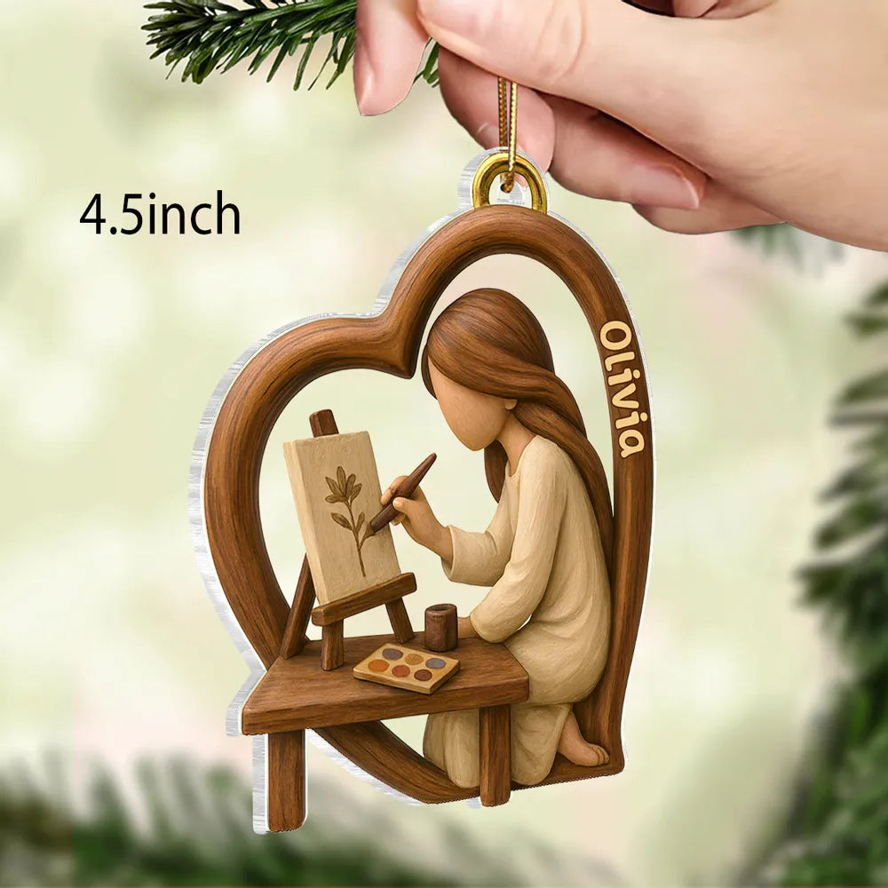 Personalized Acrylic Ornament, Warm Wood Tone Artist Painting in Heart, Unique Creative Gift for Artists