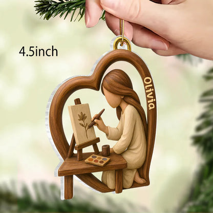 Personalized Acrylic Ornament, Warm Wood Tone Artist Painting in Heart, Unique Creative Gift for Artists