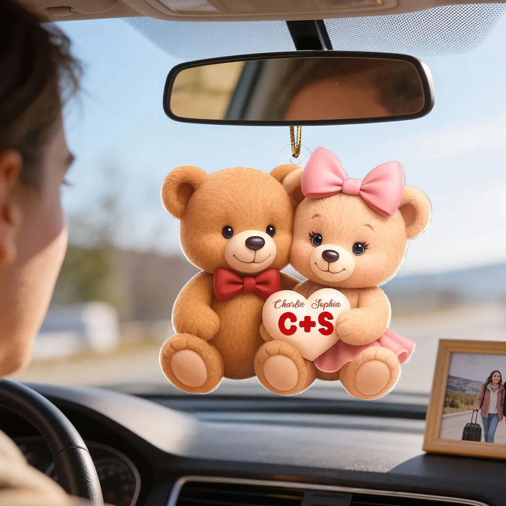 Cute Teddy Bear Couple Acrylic Car Hanger - Personalized Rearview Mirror Decoration, Sweet Anniversary Gift