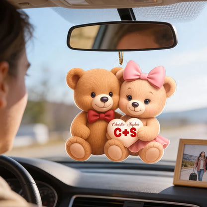 Cute Teddy Bear Couple Acrylic Car Hanger - Personalized Rearview Mirror Decoration, Sweet Anniversary Gift