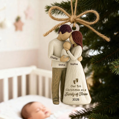 Custom Family of Three Wooden Ornament – New Baby Christmas Keepsake for Proud Parents, Unique Holiday Gift