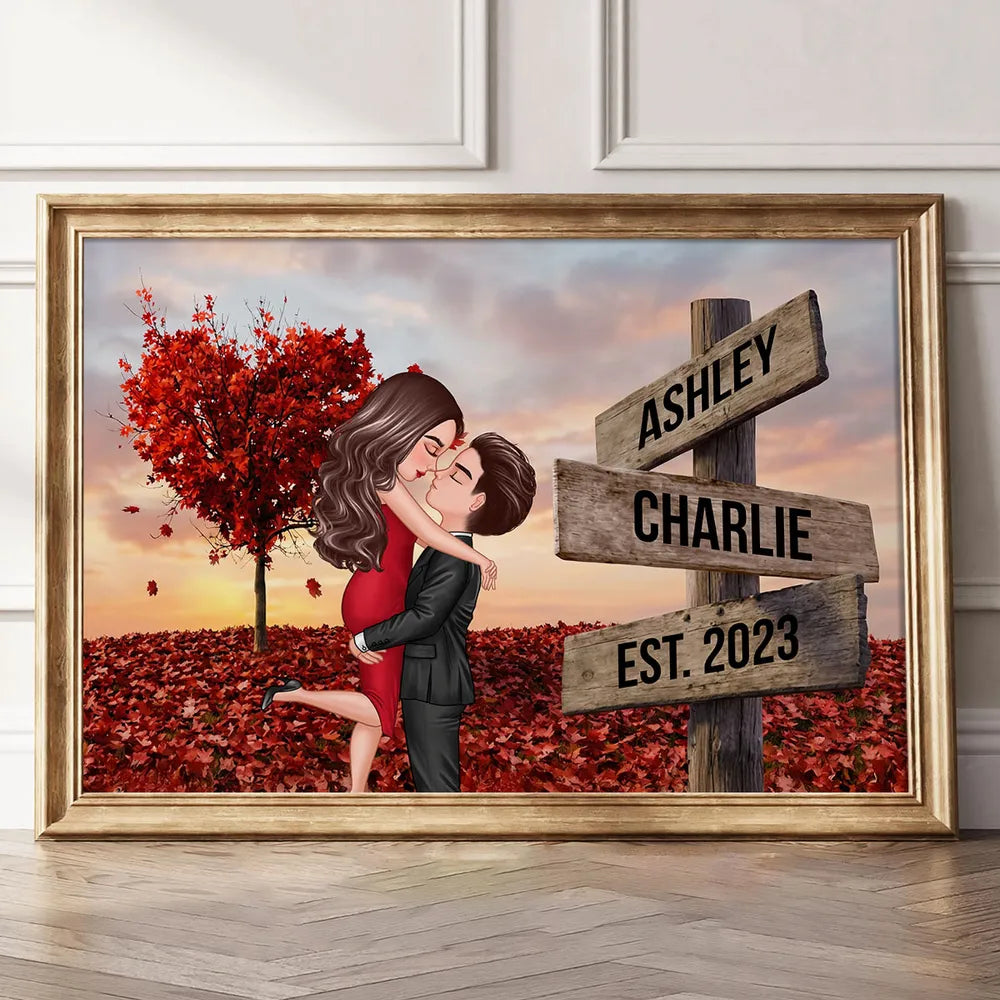 Personalized Couple Kissing Poster, Sunset Autumn Scene Wall Art, Unique Gift for Him or Her