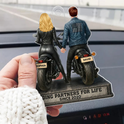 Riding Partners for Life Acrylic Car Hanger, Personalized Couple on Motorcycles Rearview Mirror Decor, Sentimental Gift for Couples