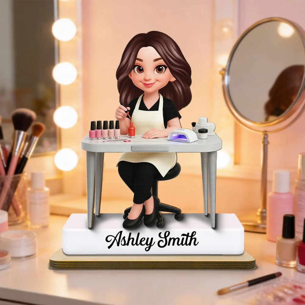 Personalized 2-Layer Wooden Plaque Nail Technician Desk Scene Cute Cartoon Style Unique Gift For Salon Workspaces