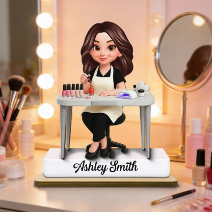 Personalized 2-Layer Wooden Plaque Nail Technician Desk Scene Cute Cartoon Style Unique Gift For Salon Workspaces