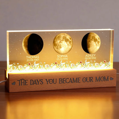 Personalized Block LED Light Plaque Moon Phases for Mom, The Days You Became Our Mom, Warm Night Light Gift