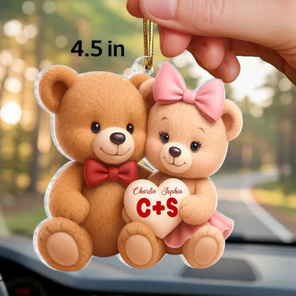 Cute Teddy Bear Couple Acrylic Car Hanger - Personalized Rearview Mirror Decoration, Sweet Anniversary Gift